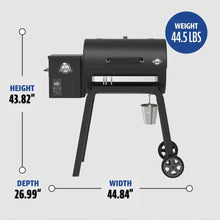 Black Pit Boss Pro Series pellet grill with dimensions: 43.82" height, 44.84" width, 26.99" depth, 44.5 lbs weight.