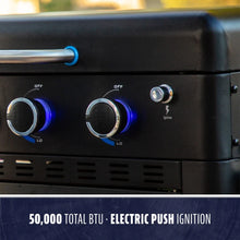 Black gas grill control panel with two blue-lit knobs and electric push ignition button, labeled 50,000 BTU.
