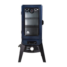 Blue electric smoker with temperature gauge and control panel.