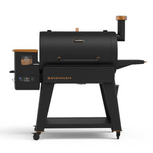 Black Pit Boss Savannah pellet grill with digital control panel and smoker box.