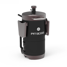 Black and bronze vertical Pit Boss smoker with handles, lid, side trays, and built-in temperature gauge.