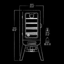 Portable grill with dimensions: 22.8" wide, 46.9" high, 21.5" deep, 60.6 lb weight.