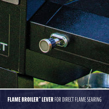 Close-up of a metal Flame Broiler™ lever on a grill, used for direct flame searing. Black and silver finish.