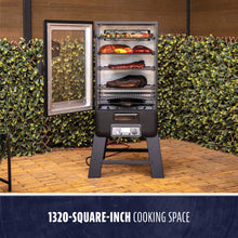Vertical electric smoker with glass door, four racks, and 1320-square-inch cooking space. Black finish, digital controls.