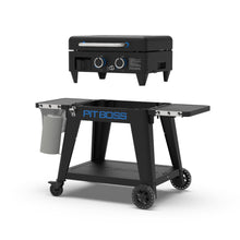 Pit Boss 2-Burner Ultimate Lift-Off Griddle. Black with blue accents. Two side tables displayed. Front view.