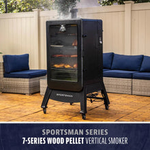 Black vertical wood pellet smoker with glass door, four racks, and wheels. Outdoor use, labeled "Sportsman Series."