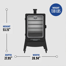 Black Pit Boss Competition Series smoker with dimensions: 53.15" height, 28.94" width, 27.95" depth, 138 lbs weight.