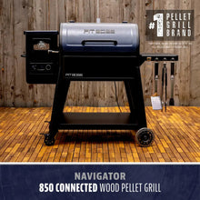 Blue and black Pit Boss Navigator 850 connected wood pellet grill on wheels.