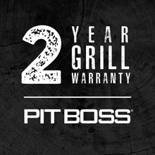Pit Boss 2-year grill warranty logo on dark wood background.