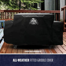 Black all-weather fitted griddle cover with Pit Boss logo, designed to protect outdoor griddles.