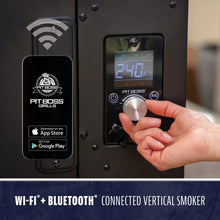 Pit Boss Wi-Fi + Bluetooth vertical smoker with digital control knob and app connectivity for easy temperature management.