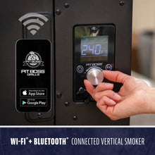 Pit Boss vertical smoker with digital control, Wi-Fi and Bluetooth connectivity, and app support for remote operation.