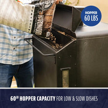 Black pellet grill with 60LB hopper capacity for low & slow dishes.