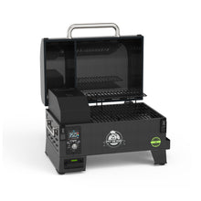 Portable electric grill with digital controls, open lid, dual cooking racks, and sturdy handle for easy transport.