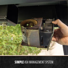 "Metal ash management system with hand holding tray, labeled 'Simple Ash Management System.'"