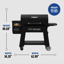 Black Pit Boss pellet grill with dimensions: 49.69" height, 62.99" width, 34.29" depth, 93 lbs weight.