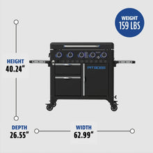 Pit Boss black outdoor grill, 40.24" high, 62.99" wide, 26.55" deep, 159 lbs, with side shelves and storage drawers.