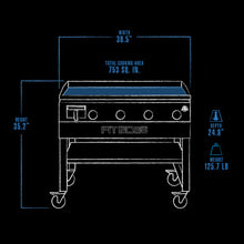 Pit Boss grill, 38.5" wide, 35.2" tall, 24.8" deep, 753 sq. in. cooking area, 125.7 lb.
