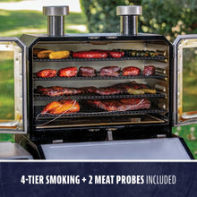 Outdoor smoker with 4-tier racks, glass doors, and 2 meat probes for precise smoking. Spacious and easy to monitor.
