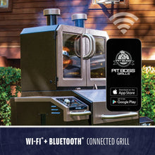 Pit Boss grill with dual glass doors, Wi-Fi and Bluetooth connectivity. App control available on iOS and Android.