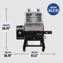 Large black and silver pellet grill with double-door smoker, 66.93" H x 55.12" W x 30.70" D, weighing 264.8 lbs.