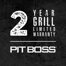 Pit Boss 2-year limited grill warranty logo on dark wood background.