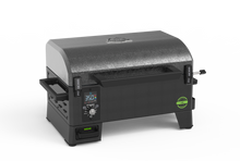 Portable electric grill with digital control panel, side handles, and textured black lid. Temperature display reads 350°F.
