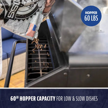 Large outdoor grill with a 60 lb pellet hopper, ideal for low and slow cooking. Easy top-loading design.