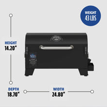 Black tabletop pellet grill, digital control panel, 14.2" H x 24.8" W x 18.7" D, 43 lbs, sturdy handle, compact design.
