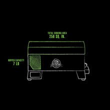 Outline of a tabletop grill with 256 sq. in. cooking area and 7 lb hopper capacity, shown in green on black background.