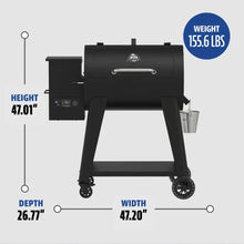 Black pellet grill with dimensions: 47.01" height, 47.20" width, 26.77" depth, 155.6 lbs weight.