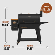 Black Savannah pellet grill with dimensions: 56.80" height, 64.30" width, 20.00" depth, 187 lbs weight.