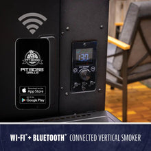 Pit Boss vertical smoker with Wi-Fi and Bluetooth control, digital display, app connectivity, and easy-to-use knob.