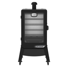 Black Pit Boss electric smoker with glass window and four wheels.
