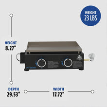 Portable tabletop griddle, black with dual knobs. 8.27"H x 29.53"D x 17.72"W, weighs 23 lbs.