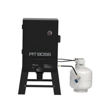Black Pit Boss smoker with propane tank and hose.