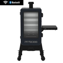 Pit Boss vertical smoker with glass door, multiple racks, side shelf, wheels, and Bluetooth connectivity.