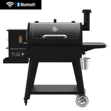 Black pellet grill with Bluetooth and Wi-Fi, side hopper, control panel, sturdy legs, and a metal bucket for grease.