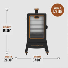 Black Copperhead smoker with dimensions: 55.30" height, 37.00" width, 26.30" depth, 127 lbs weight.