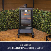 Black Pit Boss DX Series 4-Series Wood Pellet Vertical Smoker on wheels.