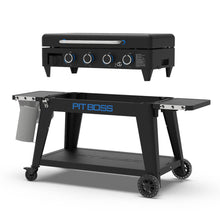 Pit Boss outdoor griddle with 4 control knobs, black wheeled cart, side shelves, and towel holder.
