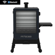 Pit Boss vertical electric smoker with glass door, four racks, side shelf, and WiFi/Bluetooth connectivity.