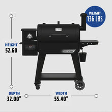 Black Pit Boss pellet grill with dimensions: 52.60" height, 55.40" width, 32.00" depth, 136 lbs weight.