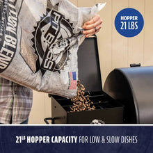 Black smoker with 21lb hopper capacity for low & slow cooking.