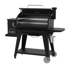 Black Sportsman pellet grill with digital control panel and side shelf.