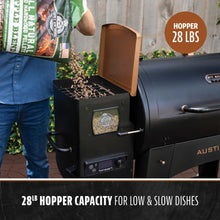 Black Pit Boss Austin pellet grill with 28LB hopper capacity for low & slow cooking.