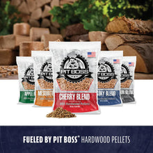 Pit Boss BBQ Hardwood Pellets, assorted blends in clear bags, for grilling and smoking. Bold labels, 20 lb bags.