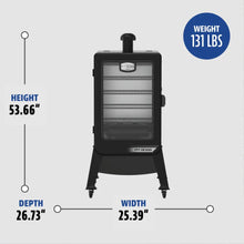 Black Pit Boss smoker with dimensions: height 53.66", depth 26.73", width 25.39", weight 131 lbs.