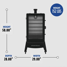 Black vertical smoker with glass door, 5 racks, 58"H x 29"W x 28"D, weighs 152 lbs. "Sportsman" label on front.