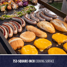 Griddle with sausages, buns, cheese, and vegetables on a 753-square-inch cooking surface.